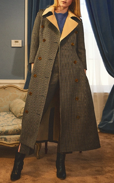 Shop Khaite Charlotte Houndstooth Wool-tweed Trench Coat In Brown