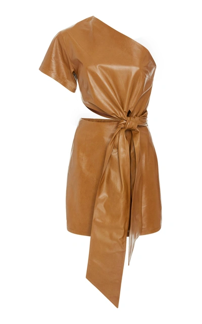 Shop Zeynep Arcay One Shoulder Leather Dress In Brown