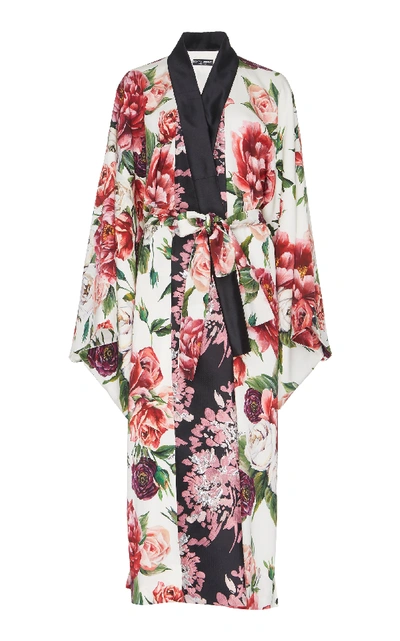 Shop Dolce & Gabbana Peony Print Jacquard Trimmed Stretch Silk Kimono Dressing Gown In Floral