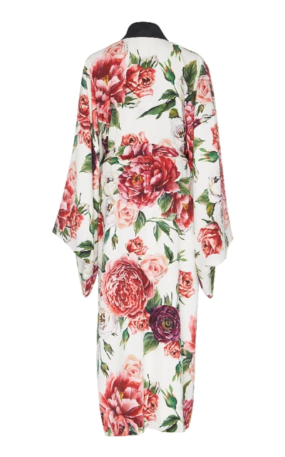 Shop Dolce & Gabbana Peony Print Jacquard Trimmed Stretch Silk Kimono Robe In Floral