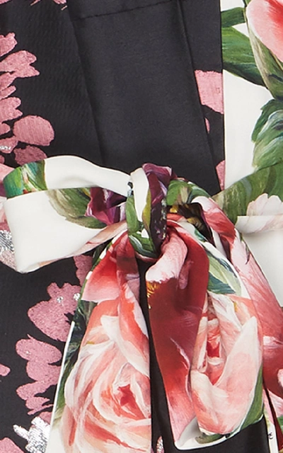 Shop Dolce & Gabbana Peony Print Jacquard Trimmed Stretch Silk Kimono Robe In Floral
