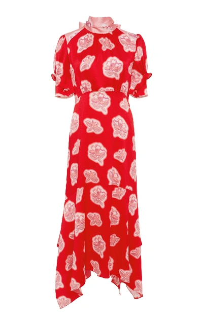 Shop Peter Pilotto Floral High Neck Silk Midi Dress In Red
