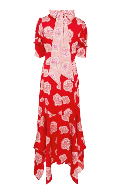 Shop Peter Pilotto Floral High Neck Silk Midi Dress In Red