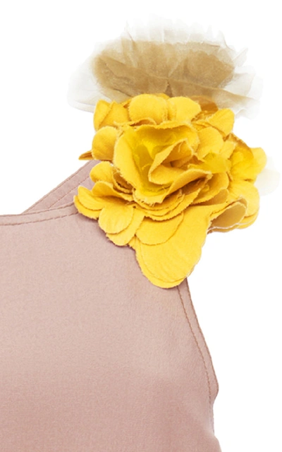 Shop Bottega Veneta Color Block Crepe De Chine Flower Brooch Dress In Pink