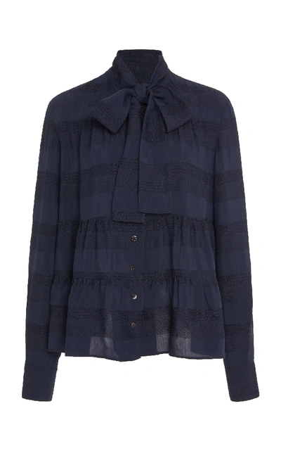 Shop Becken Striped Tiered Jacquard Blouse In Navy