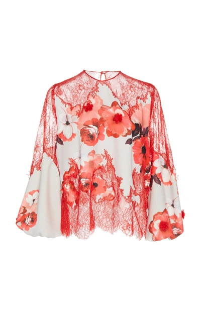 Shop Costarellos Lace Yoke Printed Crepe Blouse In Floral