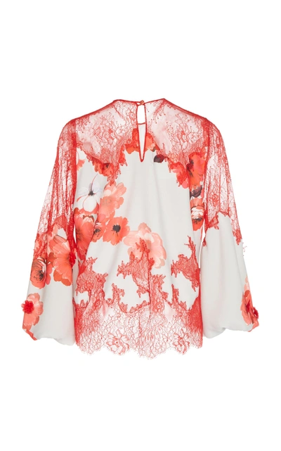 Shop Costarellos Lace Yoke Printed Crepe Blouse In Floral