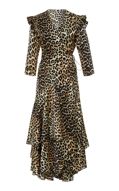 Shop Ganni Leopard Tiered Ruffle Wrap Dress In Animal