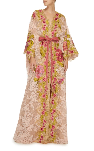 Shop Marchesa Lace Beaded Caftan In Neutral