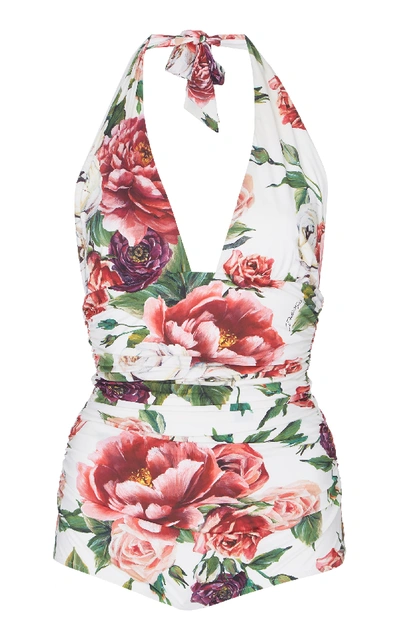 Shop Dolce & Gabbana Floral Deep V One-piece Swimsuit