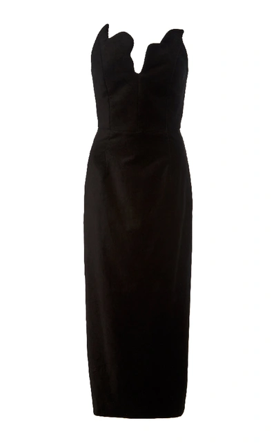 Shop Rosie Assoulin Scalloped Bustier Velvet Midi Dress In Black