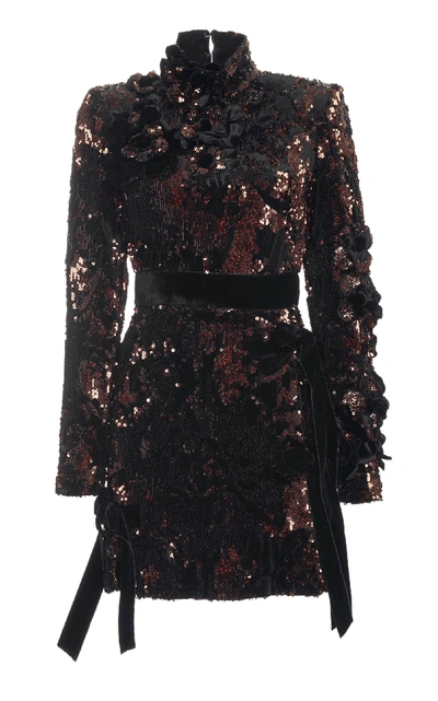 Shop Elie Saab Paillette-embellished Velvet Mini Dress In Burgundy