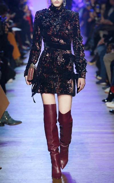 Shop Elie Saab Paillette-embellished Velvet Mini Dress In Burgundy