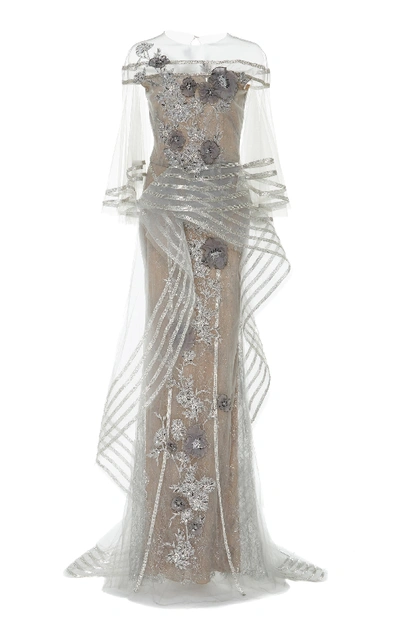Shop Marchesa Metallic Floral-appliqué Tulle Gown In Silver