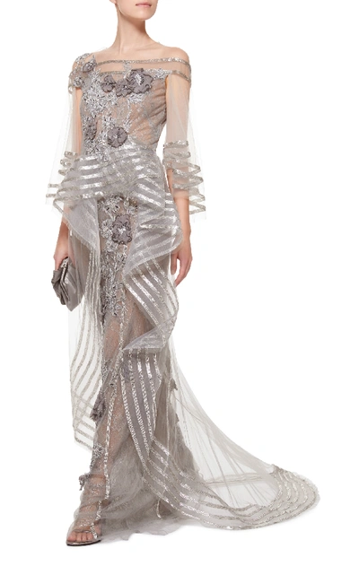 Shop Marchesa Metallic Floral-appliqué Tulle Gown In Silver