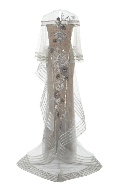 Shop Marchesa Metallic Floral-appliqué Tulle Gown In Silver