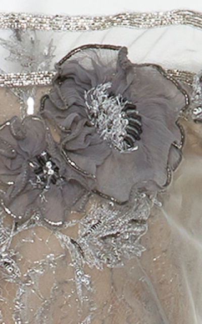 Shop Marchesa Metallic Floral-appliqué Tulle Gown In Silver