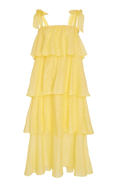 Shop Mds Stripes Tiered Eyelet Dress In Yellow