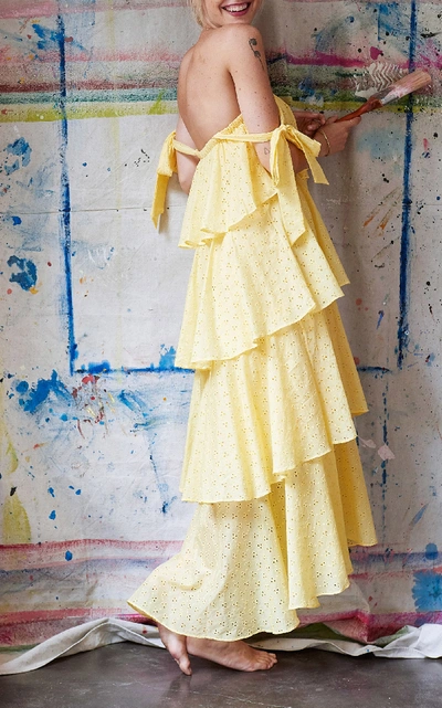 Shop Mds Stripes Tiered Eyelet Dress In Yellow