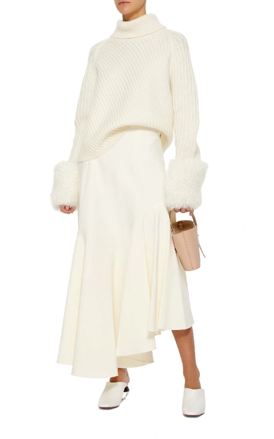 Shop Yeon M'o Exclusive Demetria Pleated Asymmetric Wool-blend Skirt In White