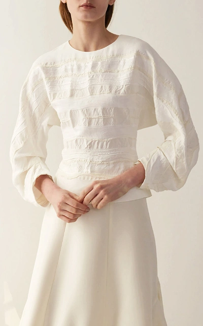 Shop Yeon M'o Exclusive Demetria Pleated Asymmetric Wool-blend Skirt In White