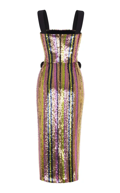Shop Rasario Bow Sequin Midi Dress In Metallic