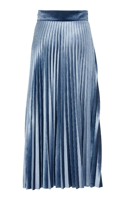 Shop Luisa Beccaria Pleated Velvet-trimmed Crepe De Chine Midi Skirt In Blue