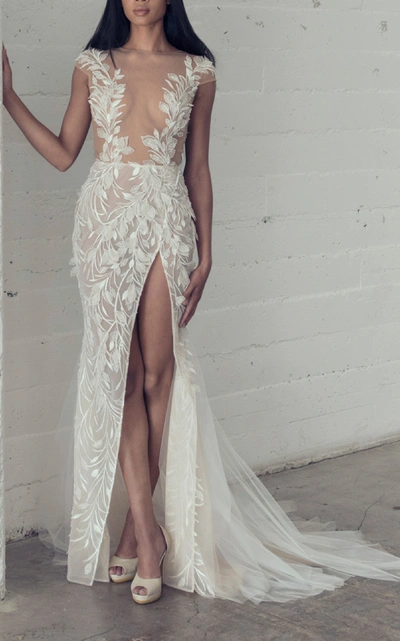 Shop Adam Zohar Agnes Leaf Lace Gown In Ivory