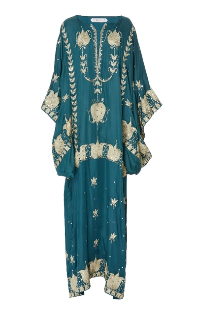 Shop Bthaina Metallic Embellished Embroidered Crepe De Chine Kaftan In Green