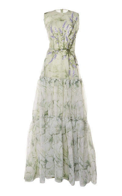 Shop Costarellos Tiered Printed Organza Gown In Green