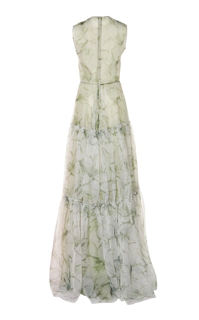 Shop Costarellos Tiered Printed Organza Gown In Green