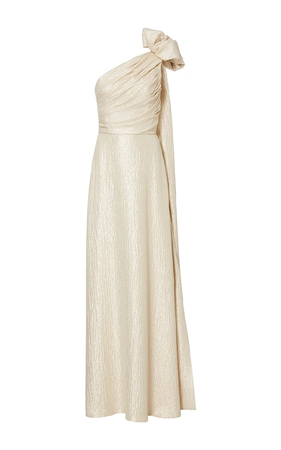 Shop Elizabeth Kennedy One Shoulder Gown With Bow And Back Train In Metallic