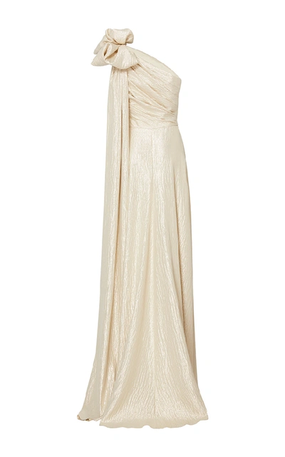 Shop Elizabeth Kennedy One Shoulder Gown With Bow And Back Train In Metallic