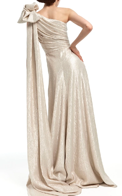 Shop Elizabeth Kennedy One Shoulder Gown With Bow And Back Train In Metallic