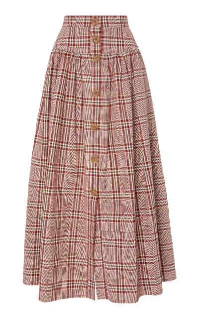 Shop Rejina Pyo Freya Pleated Checked Cotton-poplin Midi Skirt In Plaid