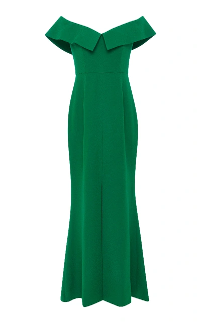 Shop Elizabeth Kennedy Off-the-shoulder Emerald Crepe De Chine Column Dress In Green