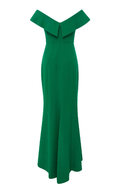 Shop Elizabeth Kennedy Off-the-shoulder Emerald Crepe De Chine Column Dress In Green
