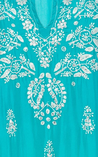 Shop Juliet Dunn Embroidered Silk Kaftan In Green