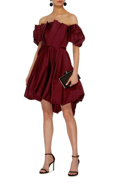 Shop Elizabeth Kennedy Pleated Off-the-shoulder Mini Dress In Burgundy