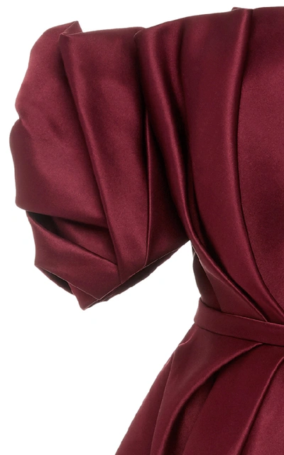 Shop Elizabeth Kennedy Pleated Off-the-shoulder Mini Dress In Burgundy