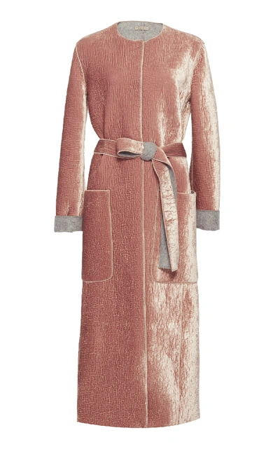Shop Bottega Veneta Belted Crushed Velvet Coat In Pink