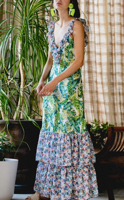 Shop All Things Mochi Amanda Ruffled Printed Linen And Cotton-blend Maxi Dress
