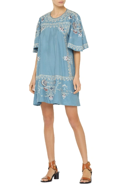Shop Isabel Marant Dryna Embroidered Silk Dress In Blue