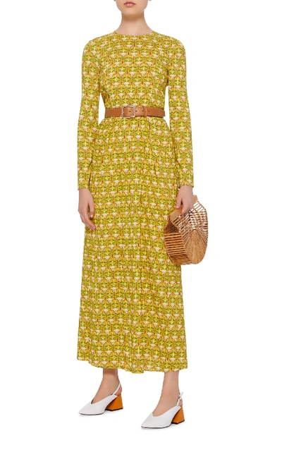 Shop La Doublej Trapezio Printed Satin Maxi Dress In Yellow