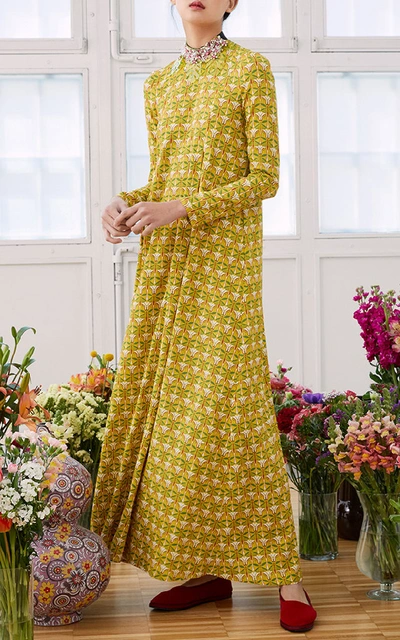 Shop La Doublej Trapezio Printed Satin Maxi Dress In Yellow
