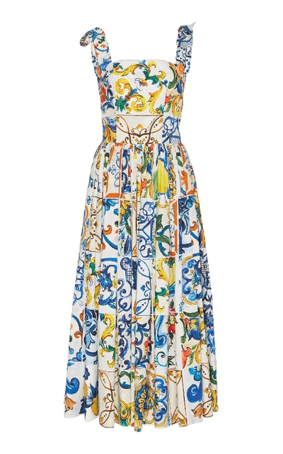 Shop Dolce & Gabbana Maiolica Tie Strap Tank Midi Dress In Print