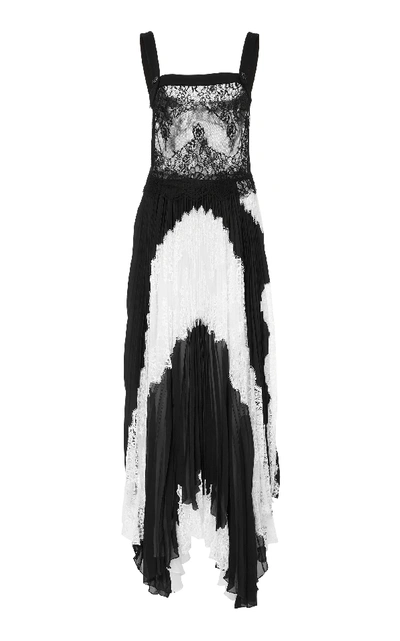 Shop Givenchy Asymmetric Silk-georgette And Lace Maxi Dress In Black