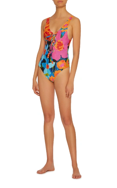 Shop Mara Hoffman Desa Lace-up One Piece Swimsuit In Floral