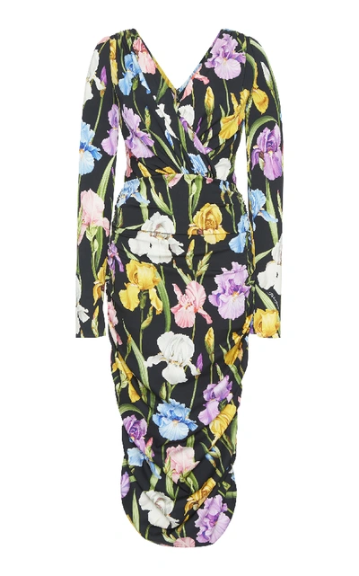 Shop Dolce & Gabbana Ruched Floral-print Stretch-silk Midi Dress