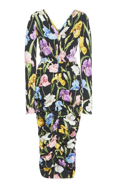Shop Dolce & Gabbana Ruched Floral-print Stretch-silk Midi Dress